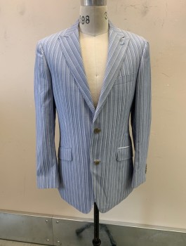 PAUL BETENLY FILARTE, Lt Blue, Beige, Khaki Brown, Wool, Cotton, Stripes - Vertical , Peaked Lapel, Single Breasted, Button Front, 2 Buttons, 3 Pockets