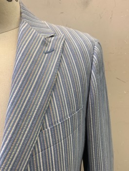 PAUL BETENLY FILARTE, Lt Blue, Beige, Khaki Brown, Wool, Cotton, Stripes - Vertical , Peaked Lapel, Single Breasted, Button Front, 2 Buttons, 3 Pockets