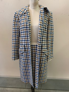 Womens, 1970s Vintage, Suit, Jacket, Amanda Smith, White, Brown, Teal Blue, Acrylic, Nylon, Houndstooth, 8P, L/S, C.A., Top Pockets,