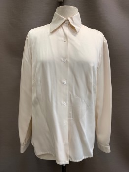 NO LABEL, Cream, Polyester, Cotton, Solid, L/S, Button Front, Collar Attached,