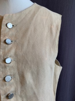MTO, Beige, Cotton, Solid, 1700s, Round Neck, Slvls, Button Front, 2 Pockets with 3 Silver Buttons, *Stains All Around*