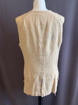 Mens, Historical Fiction Vest, MTO, Beige, Cotton, Solid, 36, 1700s, Round Neck, Slvls, Button Front, 2 Pockets with 3 Silver Buttons, *Stains All Around*