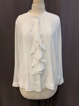 CALVIN KLEIN, White, Polyester, Collar Attached, Button Front, Pleated Front, Ruffle Front, Long Sleeves