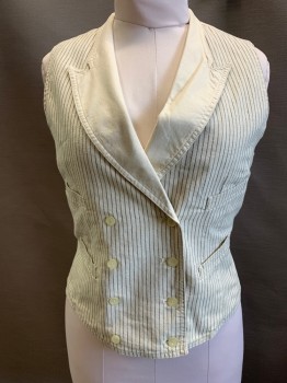 Womens, Vest, RALPH LAUREN, Ecru, Olive Green, Cotton, Stripes - Vertical , Solid, L, Double Breasted, Peaked Lapel, 4 Pockets, Striped Front Solid Contrast Collar and Back, Back Waist Belt
