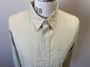 BUCK MASON, Lt Beige, Cotton, Rayon, Solid, Long Sleeves, Button Front, Collar Attached, 1 Pocket,