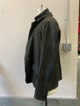 ALL SAINTS, Faded Black, Black, Charcoal Gray, Leather, Wool, Solid, Herringbone, Distressed Texture, C.A., 5 Btns, Smooth Leather Elbow Patches, 2 Flap Pckt, Back Vent, Faux Front Inside Jacket, 5 Btns, C.A, Multiple