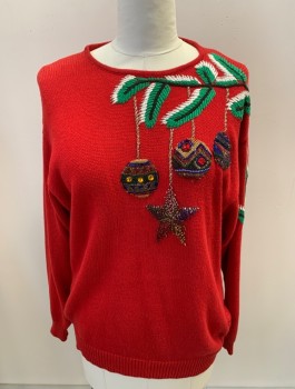 I.B. DIFFUSION, Red, White, Green, Black, Multi-color, Ramie, Cotton, Holiday, L/S, CN, Beaded Ivy, Ornament And Star Beaded Embroidery **Snag On Left Side, Stretched Out