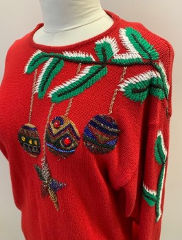 I.B. DIFFUSION, Red, White, Green, Black, Multi-color, Ramie, Cotton, Holiday, L/S, CN, Beaded Ivy, Ornament And Star Beaded Embroidery **Snag On Left Side, Stretched Out