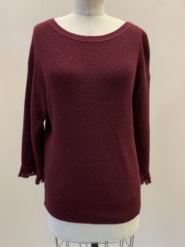 J CREW, Red Burgundy, Polyester, Cotton, Solid, L/S, Round Neck, Knit. Fringe Trim On Sleeves,