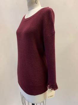J CREW, Red Burgundy, Polyester, Cotton, Solid, L/S, Round Neck, Knit. Fringe Trim On Sleeves,