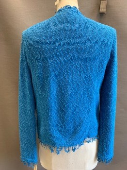 IRO, Turquoise Blue, Cotton, Polyamide, Solid, Fringed Trim, Open Front, Knit, 2 Pockets,