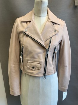 Womens, Leather Jacket, ALL SAINTS, Lt Pink, Leather, Solid, 6, Cropped Motorcycle Jacket, Zip Front, Collar Attached, 2 Zip Pockets, 1 Snap Flap Pocket