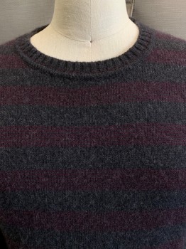 SAKS 5TH AVE, Charcoal Gray, Red Burgundy, Cashmere, Stripes - Horizontal , L/S, Crew Neck,