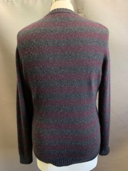 SAKS 5TH AVE, Charcoal Gray, Red Burgundy, Cashmere, Stripes - Horizontal , L/S, Crew Neck,