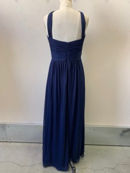 Davids Bridal, Navy Blue, Polyester, Solid, Halter Top  with Looped Straps, Pleated, Waist Band, Back Zipper,