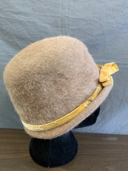 Womens, Hat, MME POSWOLSKY, Khaki Brown, Fur, Wool, OS, Cloche, Light Yellow Ribbon and Bow on Crown