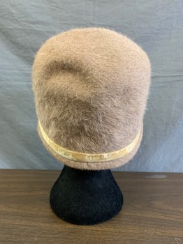 MME POSWOLSKY, Khaki Brown, Fur, Wool, Cloche, Light Yellow Ribbon and Bow on Crown