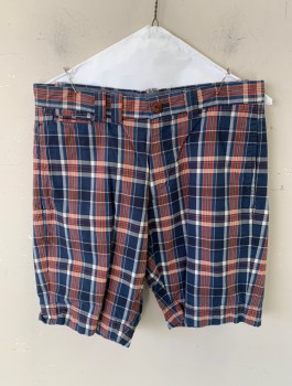 Mens, Shorts, BROOKS BROTHERS, Navy Blue, Dusty Red, White, Cotton, Plaid, W30, Zip Front, Button Closure, 4 Pockets