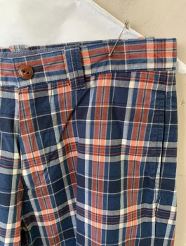 Mens, Shorts, BROOKS BROTHERS, Navy Blue, Dusty Red, White, Cotton, Plaid, W30, Zip Front, Button Closure, 4 Pockets