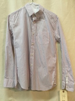CREW CUTS, White, Pink, Navy Blue, Cotton, Plaid, White with Pink/ Navy Plaid, Button Front, Collar Attached, Long Sleeves, 1 Pocket,
