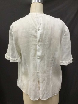 Womens, Blouse 1890s-1910s, M.T.O., White, Cotton, Lace, Solid, W: 36, B: 38, Button Back, Gathered Shoulder Short Sleeve, Pintuck/Lace Stripes, Lace Sleeve Hem,