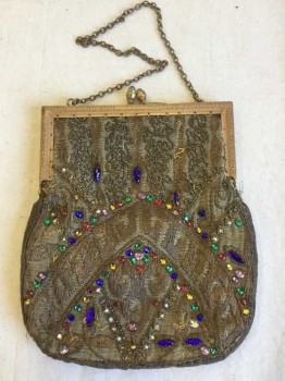 Womens, Purse 1890s-1910s, Olive Green, Gold, Red, Gold, Blue, Synthetic, Metallic/Metal, Abstract , Olive W/gold Embroidery W/bronze Beads and Blue,green,yellow, Red,pink Stones Work,gold Chain Handle, Shimmer Salmon Inside,
