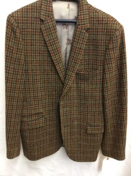Mr Oh's Custom Tailo, Brown, Rust Orange, Black, Green, Wool, Houndstooth, 2 Buttons,  Notched Lapel, 3 Pocket Flaps, Itchy Wool, Houndstooth