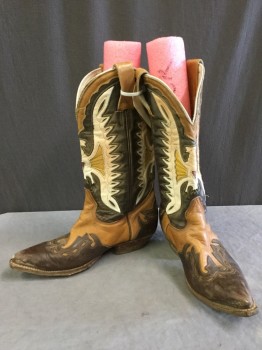 Womens, Cowboy Boots, DON QUIJOTE, Tan Brown, White, Dk Brown, Red, Leather, Geometric, 6.5, Eagle Inserts and Applique,