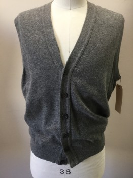 BENNETTON, Heather Gray, Wool, Heathered, V-neck, Button Front,