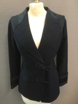 Womens, Jacket 1890s-1910s, N/L, Black, Wool, Silk, Solid, B:34, Large Shawl Lapel with Sailor Style Square Back, Silk Satin and Ribbed Panels At Top, 2 Intricate Braided Frog/Loop Closures with Embroidered Buttons, Folded Cuffs with 2 Ribbed Texture Stripes Of Trim, Ribbed Trim At Center Back Hem with Decorative Black Satin Covered Buttons,
