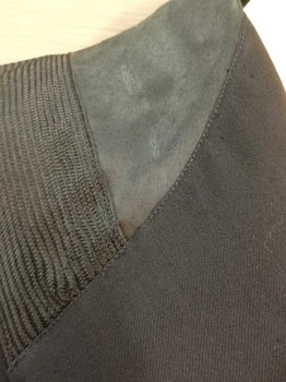 N/L, Black, Wool, Silk, Solid, Large Shawl Lapel with Sailor Style Square Back, Silk Satin and Ribbed Panels At Top, 2 Intricate Braided Frog/Loop Closures with Embroidered Buttons, Folded Cuffs with 2 Ribbed Texture Stripes Of Trim, Ribbed Trim At Center Back Hem with Decorative Black Satin Covered Buttons,