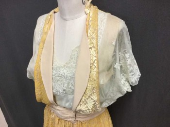 Womens, Evening Dress 1890s-1910s, N/L, Lt Beige, Cream, Yellow, Sea Foam Green, Silk, Polyester, Abstract , Floral, 26 W, 34+B, Net Lace Scallopped Edge Short Sleeve, Over Lt Beige and Sea foam Boned Bodice. Yellow Burnout Deco Floral Velvet Harness and Gathered Tops Skirt with Lt Beige Crepe Shawl Lapel and Cummerbund. Vintage Lt Beige Silk Full Length Underskirt with Eyelet Lace Trim. Snap & Hook & Eyes Close In Front, Dress Is A Combination Of New and Old Pieces, Overall Good Shape, Underskirt Is Starting To Show Some Potential Dry Rot,