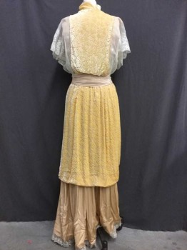 Womens, Evening Dress 1890s-1910s, N/L, Lt Beige, Cream, Yellow, Sea Foam Green, Silk, Polyester, Abstract , Floral, 26 W, 34+B, Net Lace Scallopped Edge Short Sleeve, Over Lt Beige and Sea foam Boned Bodice. Yellow Burnout Deco Floral Velvet Harness and Gathered Tops Skirt with Lt Beige Crepe Shawl Lapel and Cummerbund. Vintage Lt Beige Silk Full Length Underskirt with Eyelet Lace Trim. Snap & Hook & Eyes Close In Front, Dress Is A Combination Of New and Old Pieces, Overall Good Shape, Underskirt Is Starting To Show Some Potential Dry Rot,