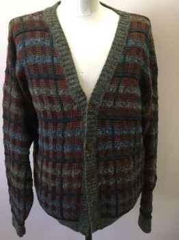 LINDA LARSON, Olive Green, Brown, Blue, Forest Green, Cotton, Wool, Plaid-  Windowpane, Long Sleeves, 5 Buttons, Texture