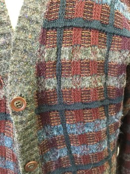 LINDA LARSON, Olive Green, Brown, Blue, Forest Green, Cotton, Wool, Plaid-  Windowpane, Long Sleeves, 5 Buttons, Texture