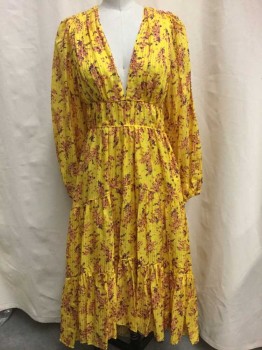 ULLA JOHNSON, Yellow, Salmon Pink, Brown, Cotton, Silk, Floral, Stripes, V-neck, Long Sleeves, Self Striped Floral Dress, Multi Tiered Skirt, Self Ruffeled Hi Low Hem, See Photo Attached,