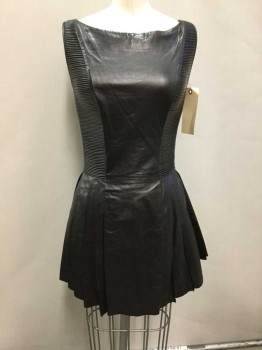 HAKAAN, Black, Leather, Silk, Solid, SciFi, Sleeveless, Back Zipper, Pleated, Raw Hem, Horizontal Leather Ribbed Panels, Lined with Silk