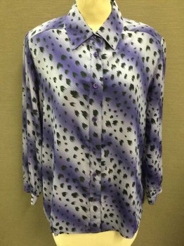 DRAPER'S & DAMON'S , Purple, Lavender Purple, Black, Polyester, Animal Print, Abstract , Gradient Stripes, Leopard Spots, Long Sleeves, Button Front, Collar Attached, Shoulder Pads