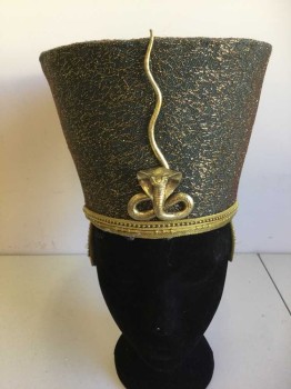 Womens, Historical Fiction Hat, NO LABEL, Gold, Gray, Lurex, Straw, Gold Mesh Cord, Gold Cobra Applique, Gold Lurex Mesh Covering Gray Material