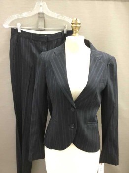 Womens, Suit, Jacket, THEORY, Navy Blue, Black, Charcoal Gray, Wool, Spandex, Stripes - Vertical , B 32, 2, Single Breasted, Notched Lapel, 2 Buttons,  3 Pockets, Rounded Hem, Pants Size 8