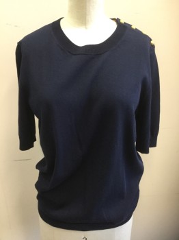 TORY BURCH, Navy Blue, Cotton, Solid, Short Sleeves, 4 Gold Buttons on Left Shoulder