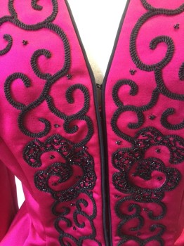 Womens, Blazer, FARINAE N MARCUS, Hot Pink, Black, Polyester, Beaded, Solid, Novelty Pattern, W:29, B:38, 8, Hot Pink Satin with Black Rope Swirl Appliqué and Beading, Black Piping, V-neck, Peplum , Pleated Shoulders, Shoulder Pads,