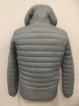 WORKOUT, Lt Gray, Black, Nylon, Solid, Lightweight Quilted Fill Jacket, Zip Front, Hood Attached, L/S, 2 Pckts