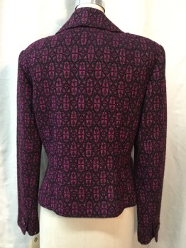 DANA BUCHMAN, Magenta Purple, Black, Gold, Cotton, Acrylic, Geometric, Single Breasted, Exaggerated Notched Lapel, 2 Rhinestone Buttons, Matching Button on Each Cuff, 2 Pocket Flaps