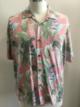 TOMMY BAHAMA, Salmon Pink, Green, Ecru, Navy Blue, Lt Blue, Silk, Tropical , Hawaiian Print, Salmon with Ecru, Green, Navy, Light Blue, Yellow Tropical Leaves and Flowers, Short Sleeve Button Front, Collar Attached, 1 Patch Pocket