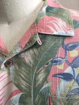 TOMMY BAHAMA, Salmon Pink, Green, Ecru, Navy Blue, Lt Blue, Silk, Tropical , Hawaiian Print, Salmon with Ecru, Green, Navy, Light Blue, Yellow Tropical Leaves and Flowers, Short Sleeve Button Front, Collar Attached, 1 Patch Pocket