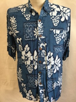 DREAMLAND, Midnight Blue, White, Baby Blue, Black, Rayon, Hawaiian Print, Collar Attached, Wood Button Front, 1 Pocket, Short Sleeves, (small Hole in the Back Bottom Left)