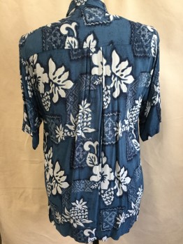 DREAMLAND, Midnight Blue, White, Baby Blue, Black, Rayon, Hawaiian Print, Collar Attached, Wood Button Front, 1 Pocket, Short Sleeves, (small Hole in the Back Bottom Left)