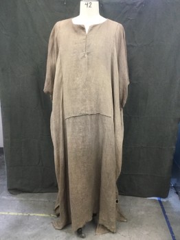 Mens, Historical Fiction Tunic, MTO, Dusty Brown, Cotton, Solid, XL, Scoop Neck, Slit at Center Front, Hand Picked, Rectangular Long Yoke Front to Short Back Overlay Patch, Wide Open Sleeves, Side Seam Slits, Raw Hem, Aged, Hole in Back Near Hem