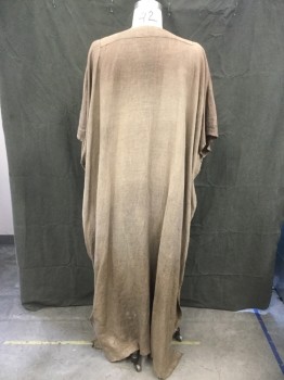 Mens, Historical Fiction Tunic, MTO, Dusty Brown, Cotton, Solid, XL, Scoop Neck, Slit at Center Front, Hand Picked, Rectangular Long Yoke Front to Short Back Overlay Patch, Wide Open Sleeves, Side Seam Slits, Raw Hem, Aged, Hole in Back Near Hem